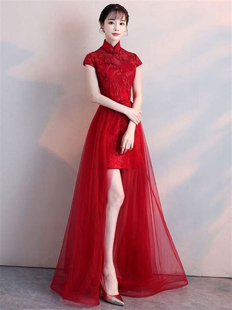 Red Lace Qipao Cheongsam Wedding Dress With Detachable Skirt Hot Sex