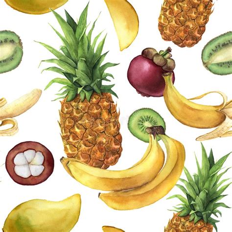 Watercolor Pattern With Tropical Fruit Hand Painted Pineapple Bananas