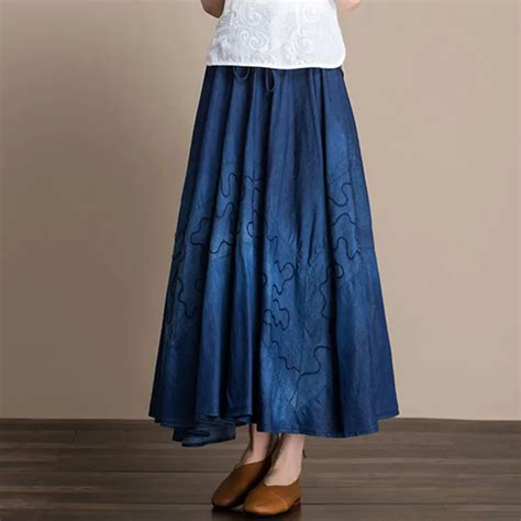 Free Shipping 2018 Fashion Long Maxi Elastic High Waist Denim Skirt For Women A Line Spring And