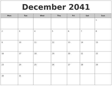 December 2041 Free Monthly Calendar