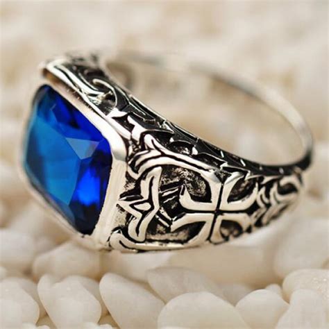 Mens Sterling Silver Blue Crystal Ring