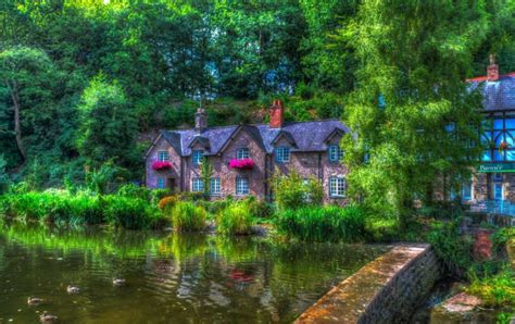 England Houses Pond Ducks Summer Hdr Trees Lymm