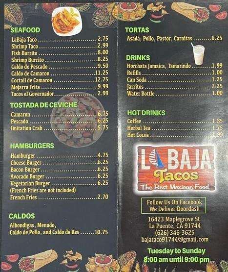 La Baja Tacos Menu In La Puente California Usa