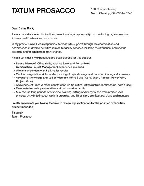 Facilities Project Manager Cover Letter Velvet Jobs