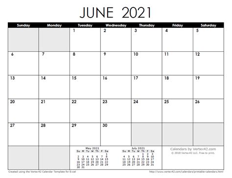 June 2021 Calendar Printable Free Vertical