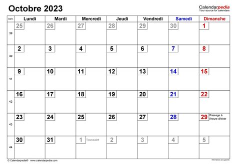 Calendrier Octobre 2023 Excel Word Et Pdf Calendarpedia