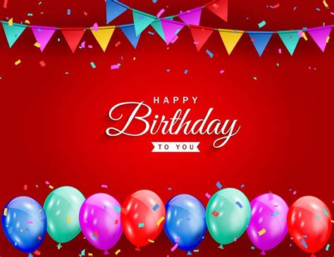 Happy Birthday Celebration On Red Background With Colorful Balloons