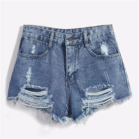 2018 Brand Vintage Ripped Hole Fringe Blue Denim Shorts Women Casual
