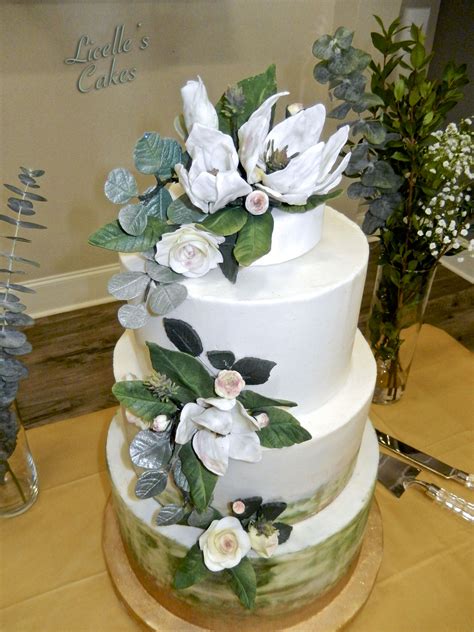 Sage Green And Gold Wedding Cake Buttercream With Fondant Flowers And
