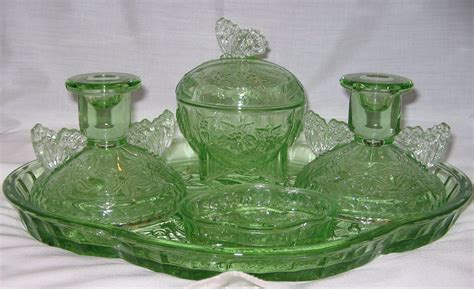 The dressing table set is in very good condition and is free of any chips and cracks. Sowerby Green glass Butterfly pattern Dressing table set ...