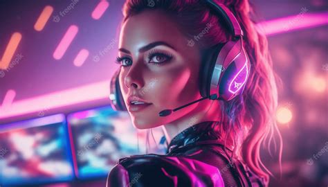 Premium Photo Gamer Woman With Gaming Headset Playing Video Game In