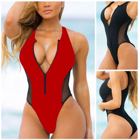 Sexy Swimwear Women 2018 Zipper Hollow One Piece Swimsuit Solid Mesh