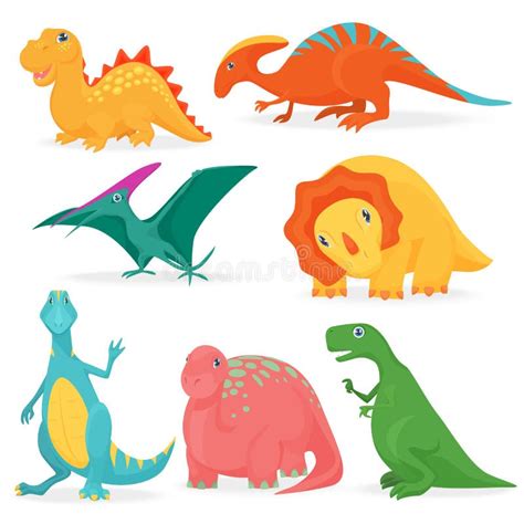 The Vector Illustration Of The Set Of Adorable Bright Dinosaurs Cute
