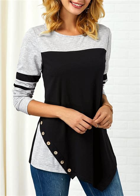 Button Detail Long Sleeve Asymmetric Hem T Shirt Usd