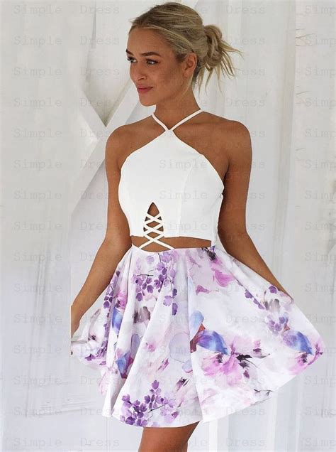 A Line V Neck Lace Up Short Floral Homecoming Party Dress