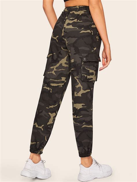 Pocket Patched Elastic Hem Camo Pants With Chain Shein Eur