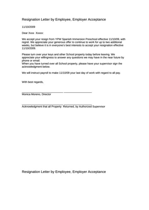 Resignation Letter By Employee Employer Acceptance Printable Pdf Download