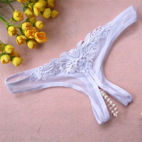 Womens Sexy Sheer Thong Pearls Open Crotch Lace Panties Womens