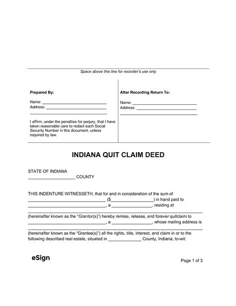 Free Indiana Quit Claim Deed Form PDF Word
