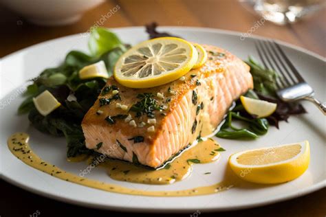 Salmón al horno con ajo de limón un plato de una sartén bajo en