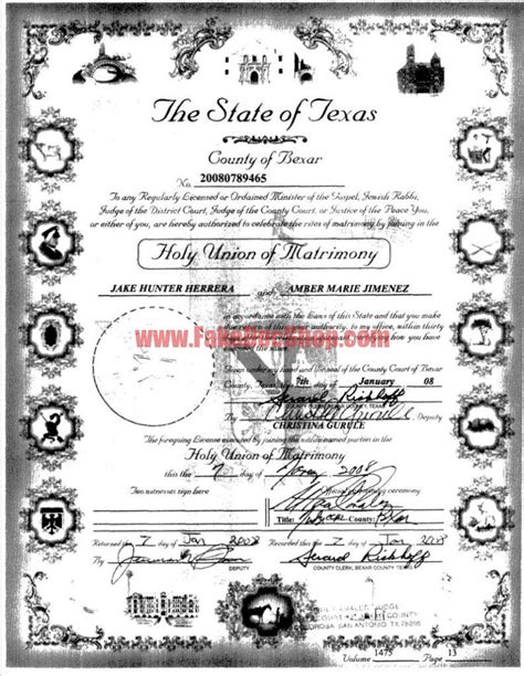 Usa Texas Marriage Certificate Template Fakedocshop