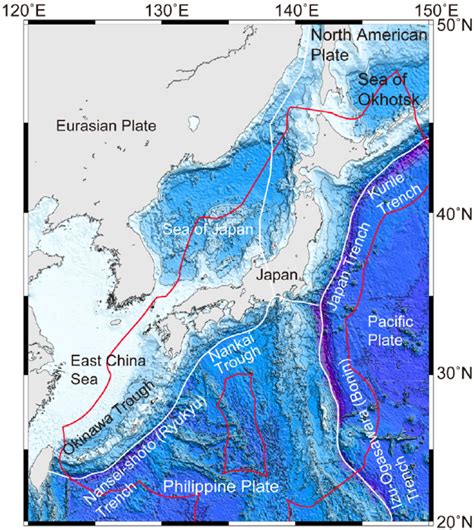 Ocean bottom topography around Japan. White and red lines indicate