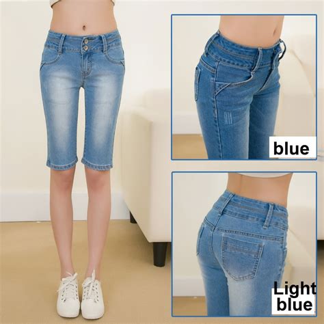 New Summer Knee Length Denim Shorts Jeans Woman Cotton Skinny Jeans