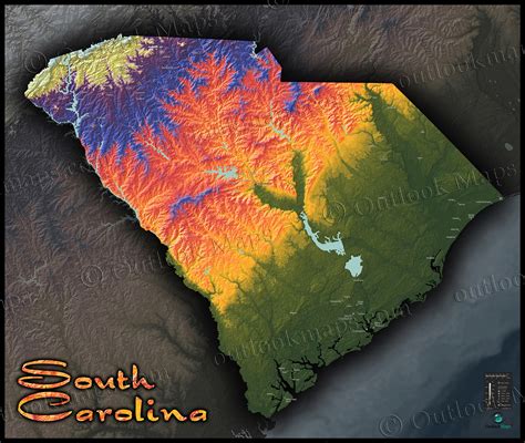 South Carolina Terrain Map Artistic Colorful Topography