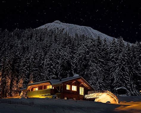 Night Sky Mountain Hut Snow Winter Night Sky Mountain Hut