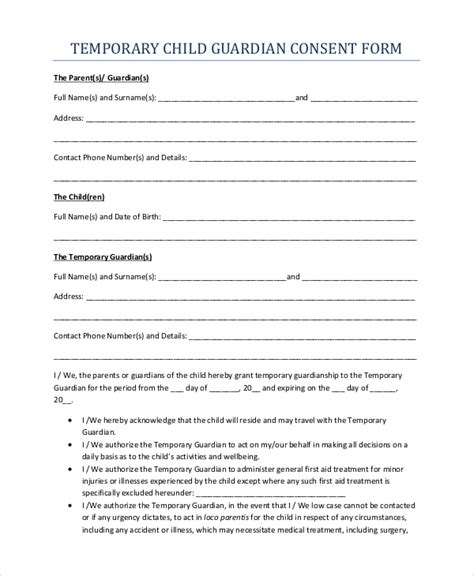 Free 10 Sample Temporary Guardianship Forms In Pdf