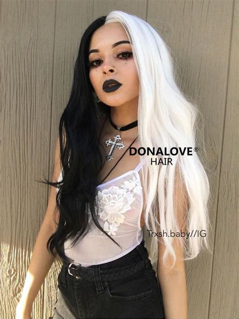 Half Black Half White Wavy Synthetic Lace Front Wig Sny093 Half Colored