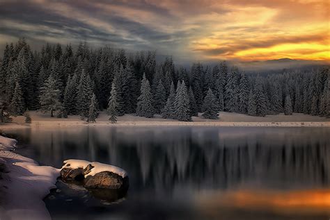 Winter Evening On The Lake Hd Landscape Backgrounds For