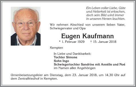 Traueranzeigen Von Eugen Kaufmann Augsburger Allgemeine Zeitung