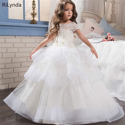 White Ivory Flower Girl Dress Trailer Puffy Wedding Party Dress Girl