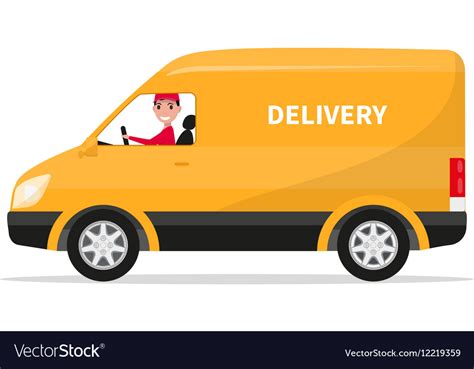 Cartoon Delivery Van Truck With Deliveryman Vector Image