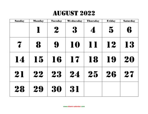 Free Download Printable August 2022 Calendar Large Font Design