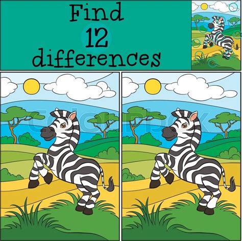 Children Games Find Differences Cute Little Zebra Stands On The Field
