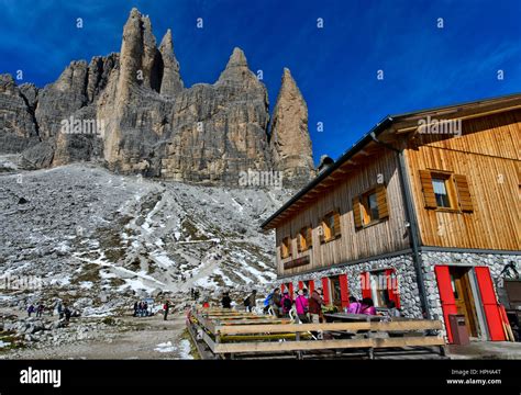 Mountain Hut Rifugio Lavaredo At The Foot Of The Three Peaks Mountains