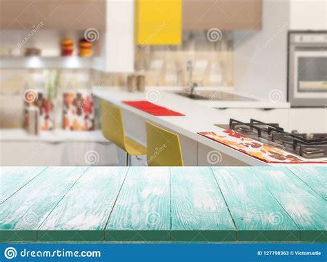 Wood Table Top On Blur Kitchen Window Background Banner Can Be Used