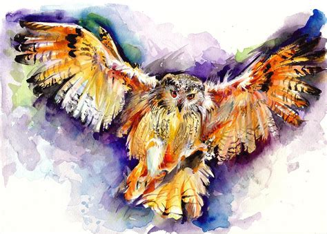 Night Owl Watercolor Hunting Owl Flying Brown Owl Painting By Tiberiu