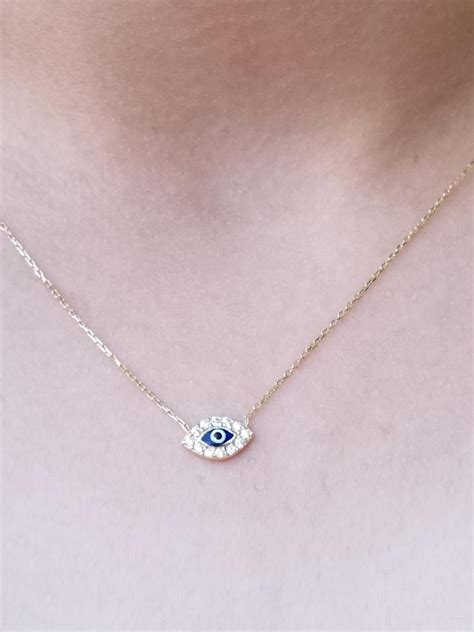 K Gold Evil Eye Necklace Dainty Evil Eye Necklace Solid Yellow Gold