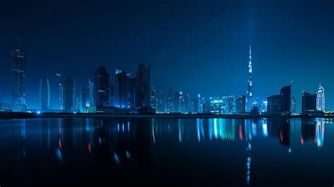 Hd Wallpaper Dubai Skyline City Cityscape Blue Night United Arab