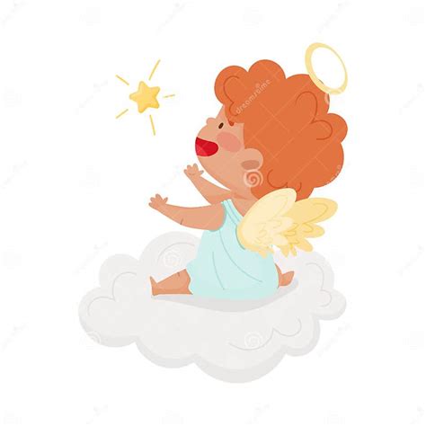 Cute Baby Angel With Gold Nimbus And Wings Sitting On The Cloud Vector