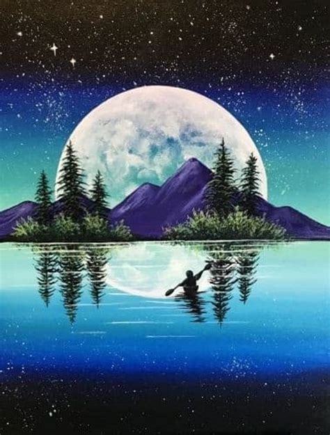 Night Sky Overlooking The Mountain And Lake Painting In 2020