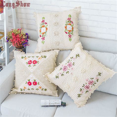 Package includes one pair of standard size pillowcases, embroidery instructions and a list of all threads needed to complete your project. LongShow 45x45cm Square Home Decorative Crochet Ribbon Embroidery Natural Cotton Floral Style ...
