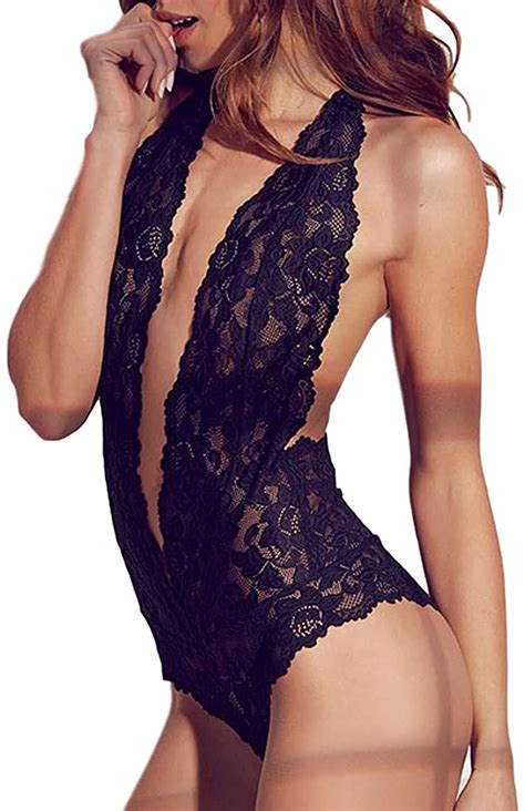 Open Back Halter Plunging Lace Teddy Sexy One Piece Lingerie Black