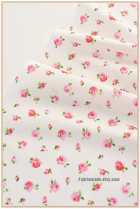 Little Pink Rose Flower Fabric White Cotton Fabric With Etsy