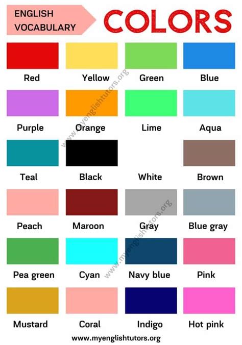 Color Names List Of Colors In English With Esl Picture My English