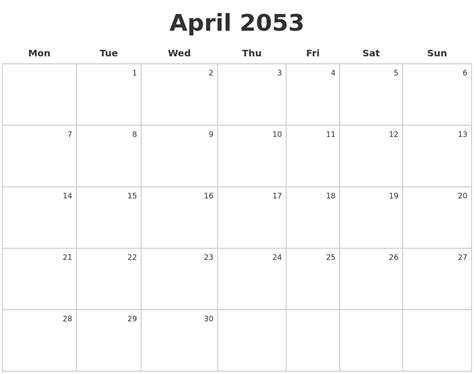 April 2053 Make A Calendar