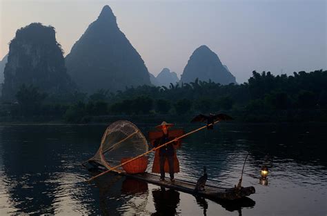 Fisherman With Cormorant On Pole On The Li River Yangshuo China